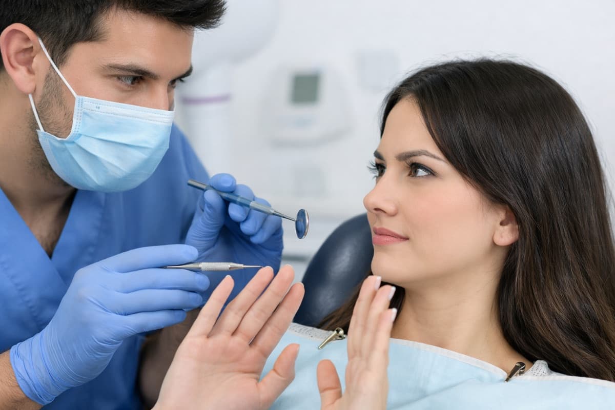 Amânarea tratamentului de canal Bacău — pacientă care refuză sau ezită în fața tratamentului stomatologic, ridicând mâinile spre medicul cu instrumente, situație frecventă care duce la complicații endodontice la Chromatic Dental Clinic