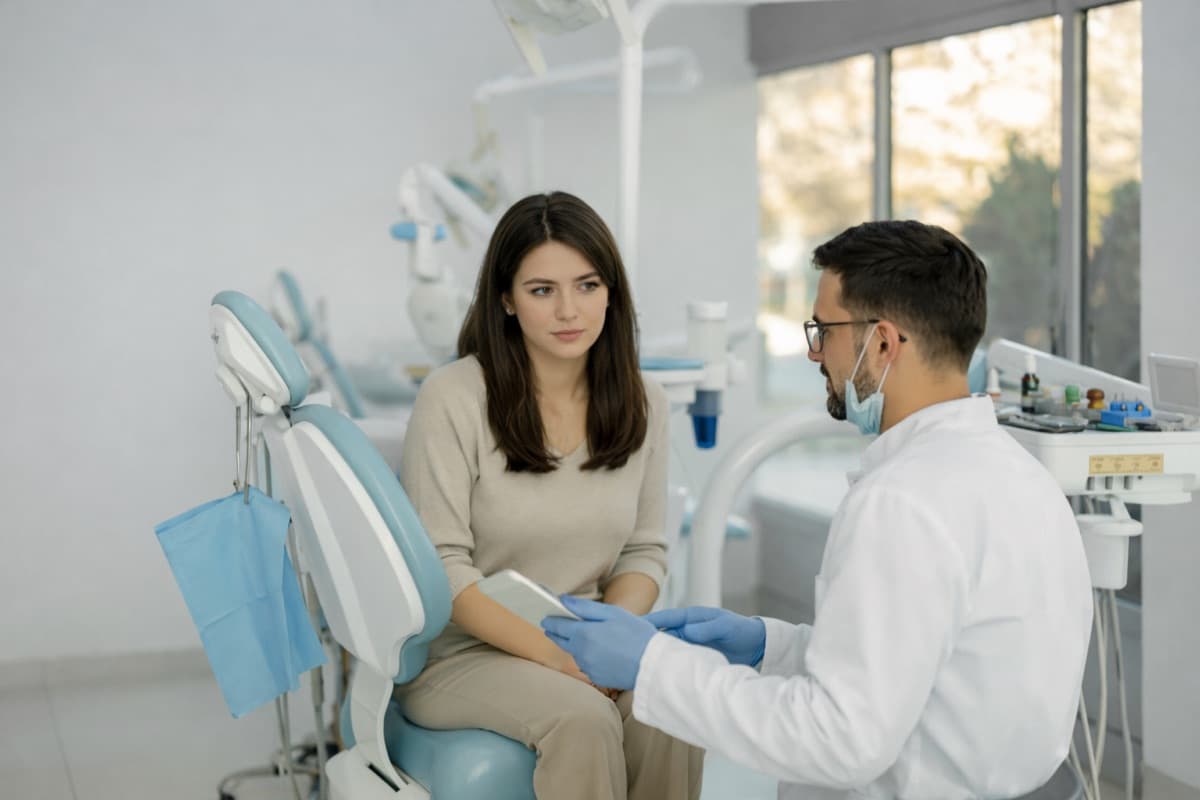 Confort și anestezie modernă în tratamentul de canal Bacău — medic stomatolog discută calm cu pacienta despre protocolul de anestezie înainte de scoaterea nervului dintelui la Chromatic Dental Clinic