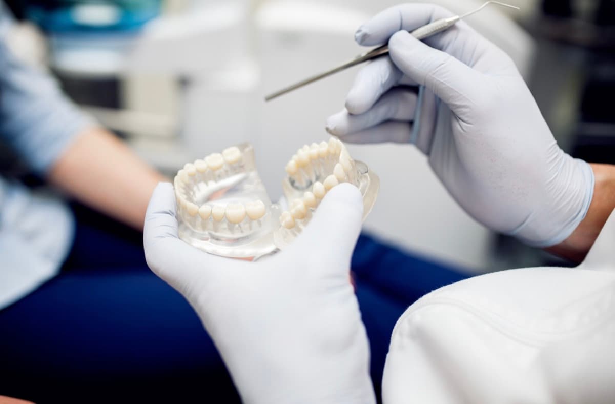 Evaluare os pentru implant dentar Bacău — medic stomatolog examinând modelul anatomic al maxilarului și mandibulei