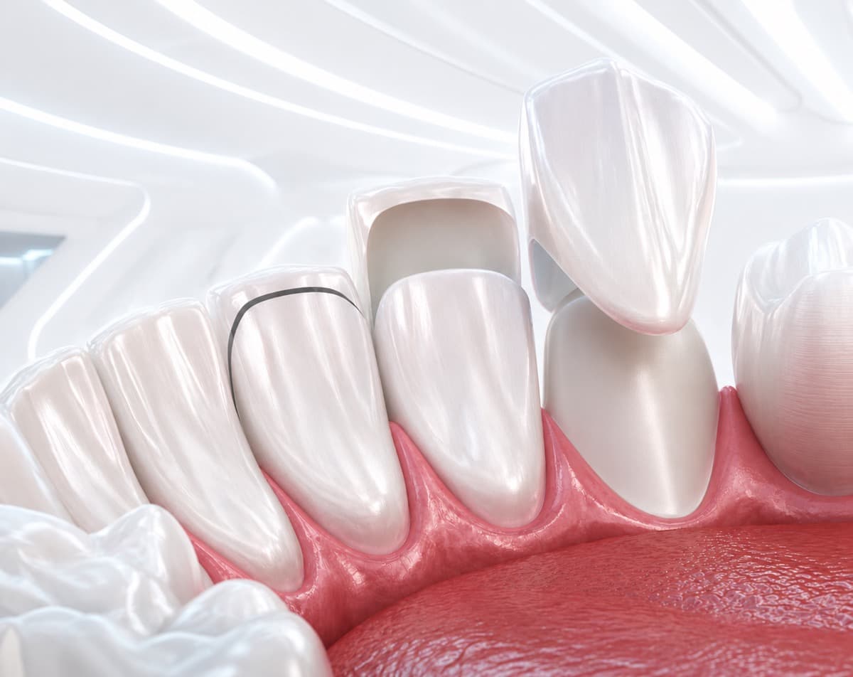 Fațete sau coroane Bacău — ilustrație 3D comparativă: fațete ceramice aplicate pe partea din față a dinților (stânga) și coroană dentară care îmbracă complet dintele (dreapta), la Chromatic Dental