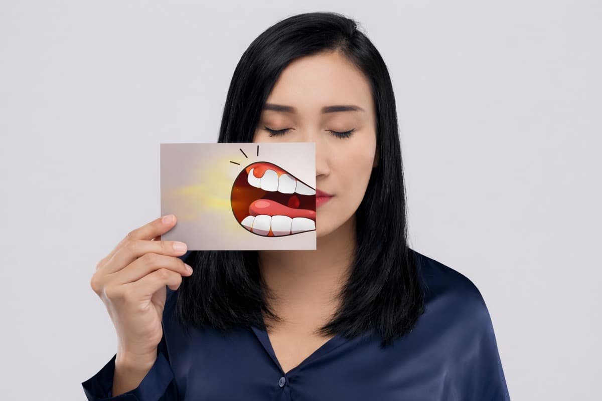 Gingie umflată și inflamată Bacău — pacientă care ilustrează simptomele unei gingii inflamate (gură roșie, durere, sângerare) la consultația de parodontologie de la Chromatic Dental Clinic
