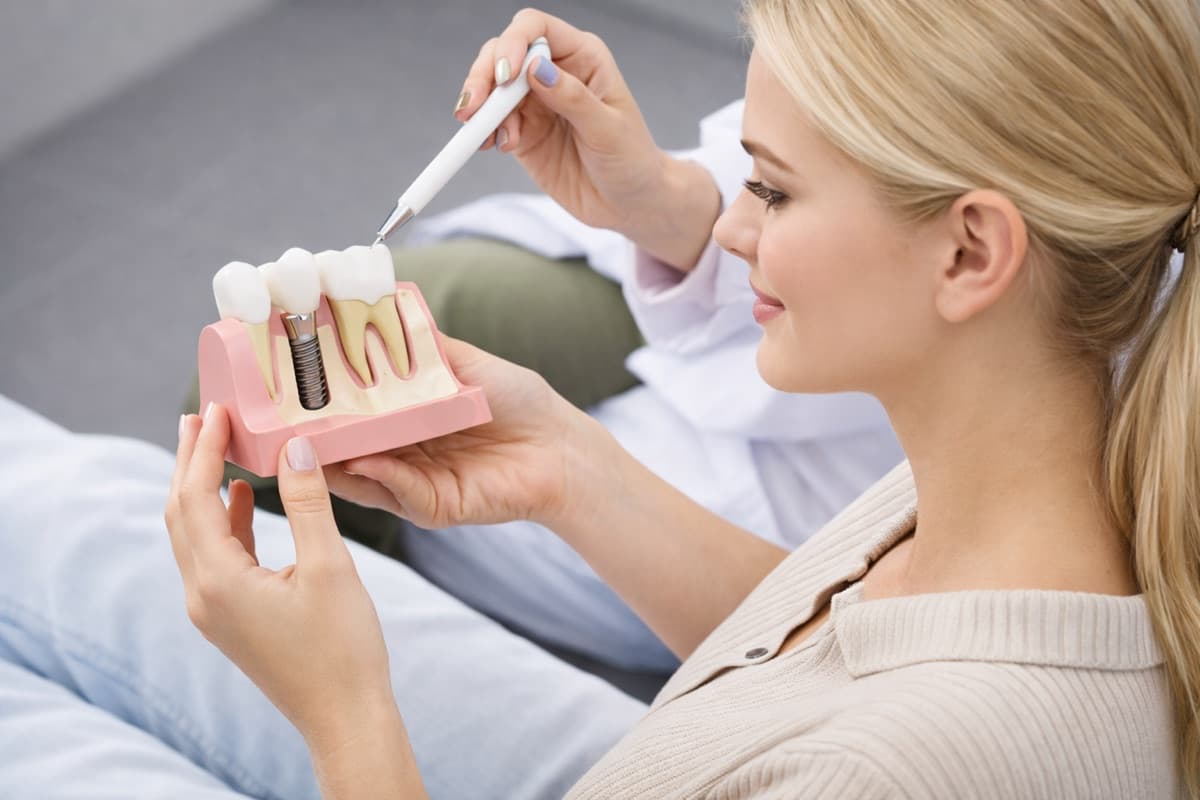 Implant imediat după extracție Bacău — model anatomic care arată implantul dentar fixat în os, alături de dinții naturali, pentru explicare la consultația de implantologie la Chromatic Dental Clinic