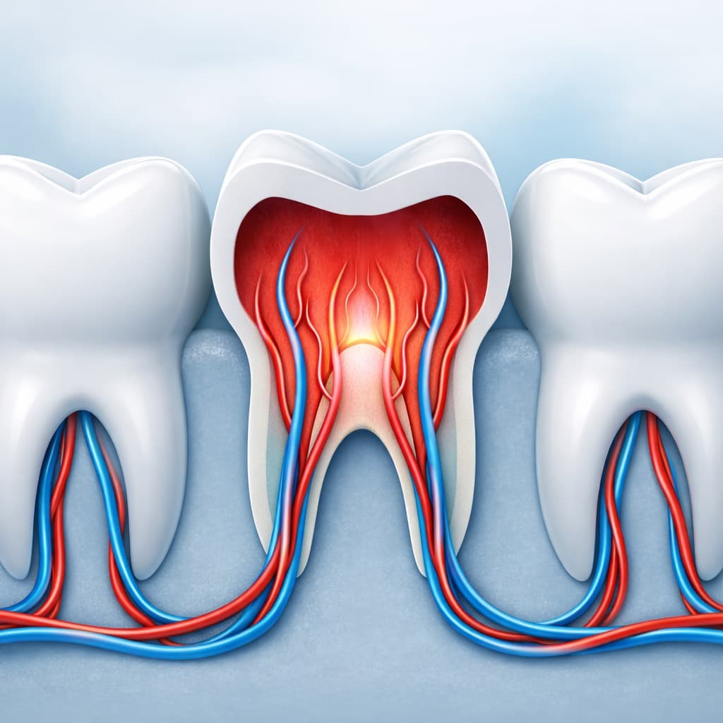 Pulpa dentară inflamată Bacău — ilustrație medicală a interiorului dintelui cu nervii (fibre roșii) și vasele de sânge (albastre) inflamate, motivul pentru care trebuie scos nervul prin tratament de canal la Chromatic Dental Clinic