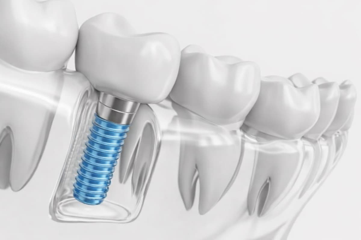 Conservare alveolă după extracție Bacău — vizualizare 3D a implantului dentar fixat în osul alveolar păstrat după extracție, alături de dinții naturali, la Chromatic Dental Clinic